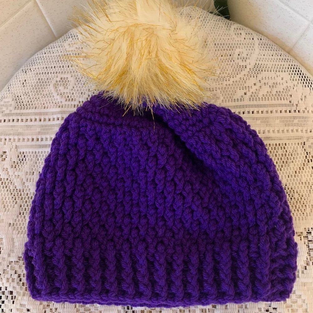 NEW! Beautiful Purple Hand Crocheted Hat with faux Fur pom pom Hippie Boho Retro